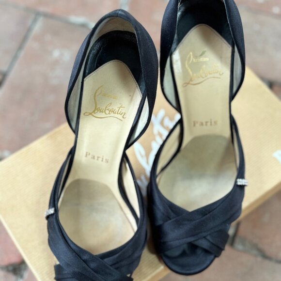 Size 7.5 Christian Louboutin Satin Peep Toe with Rhinestone Detail - Picture 7 of 7